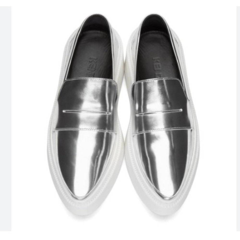 KENZO Metallic leather platform loafers in silver-tone Size 37